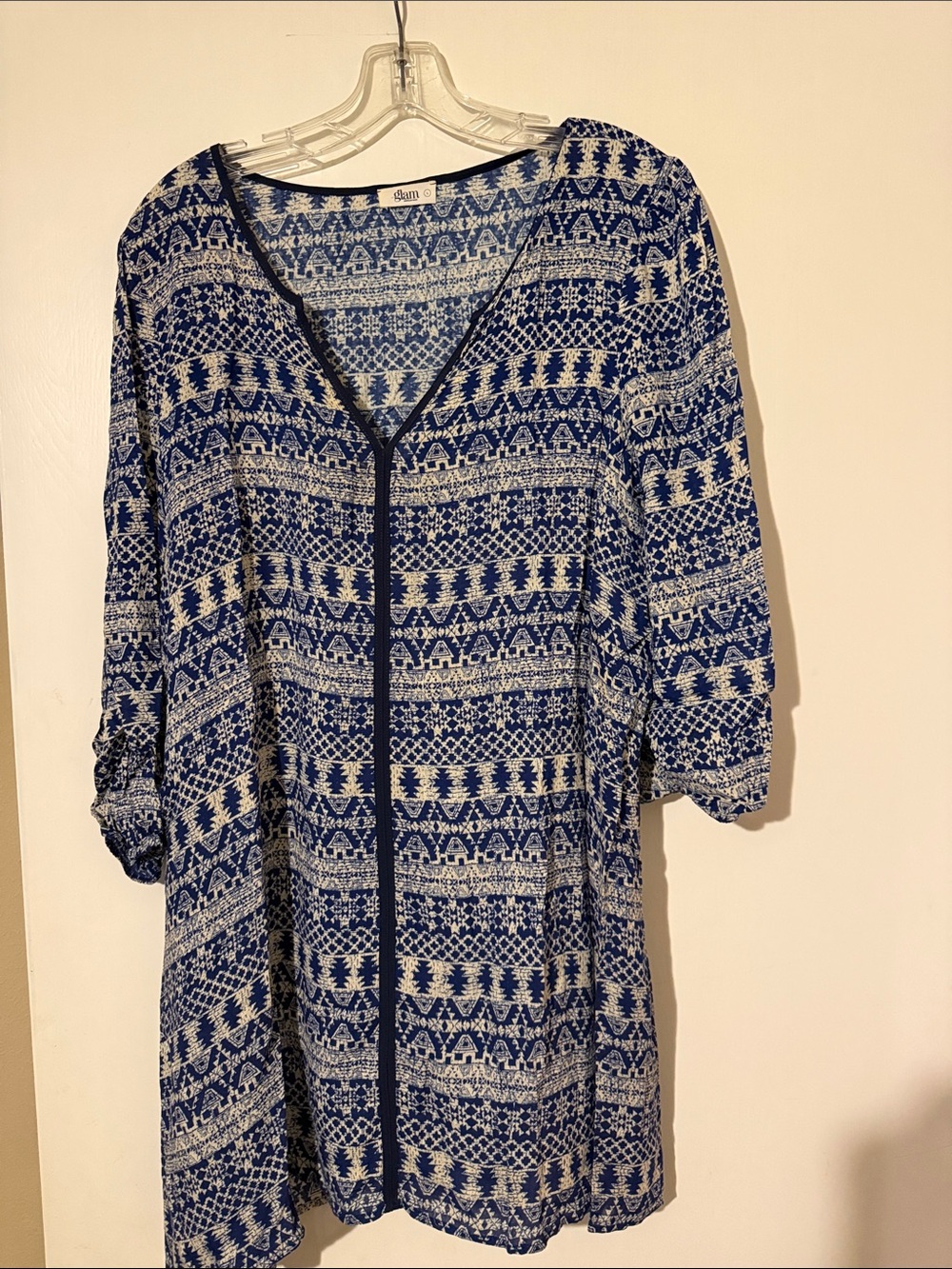 Blue & White Patterned V-Neck Tunic